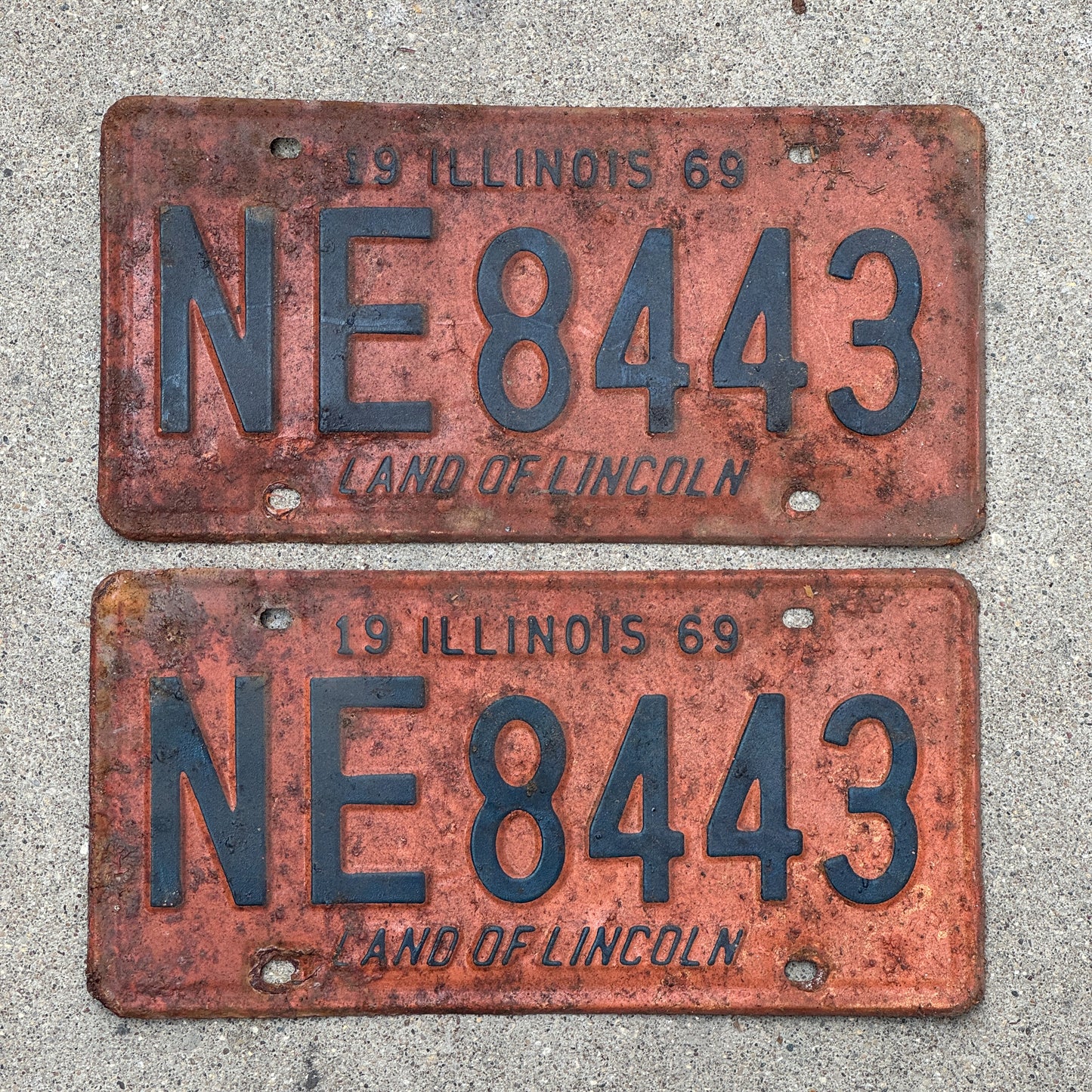 Photo of a 1969 Illinois License Plate Pair Auto Tag Garage Decor Vintage NE 8443 with original patina