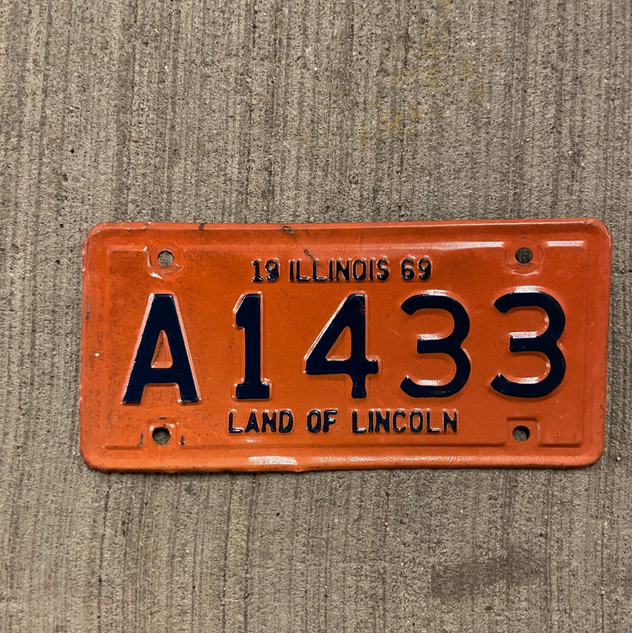 Photo of a 1969 Illinois Moped License Plate Auto Tag Garage Decor Vintage 2nd Year of Type A 1433 with original patina