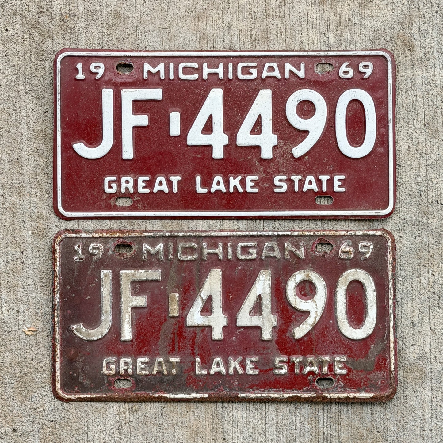 Photo of a 1969 Michigan License Plate Pair Auto Tag Garage Decor Vintage JF 4490 with original patina