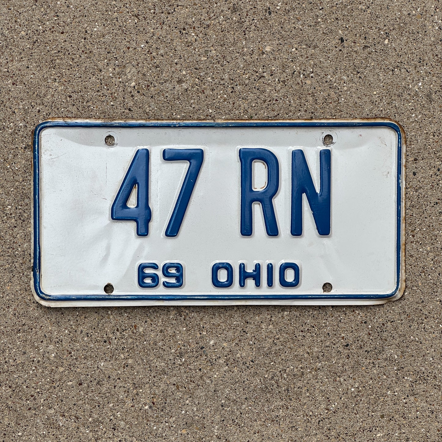 Photo of a 1969 Ohio License Plate Auto Tag Garage Decor Vintage Nurse Gift 47 RN with original patina