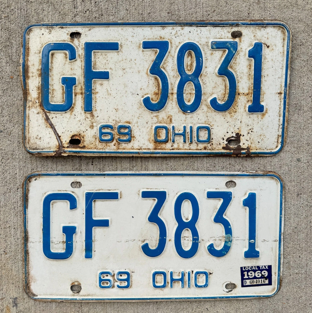 Photo of a 1969 Ohio License Plate Pair Auto Tag Garage Decor Vintage YOM DMV Clear Ford Chevy Plymouth GF 3831