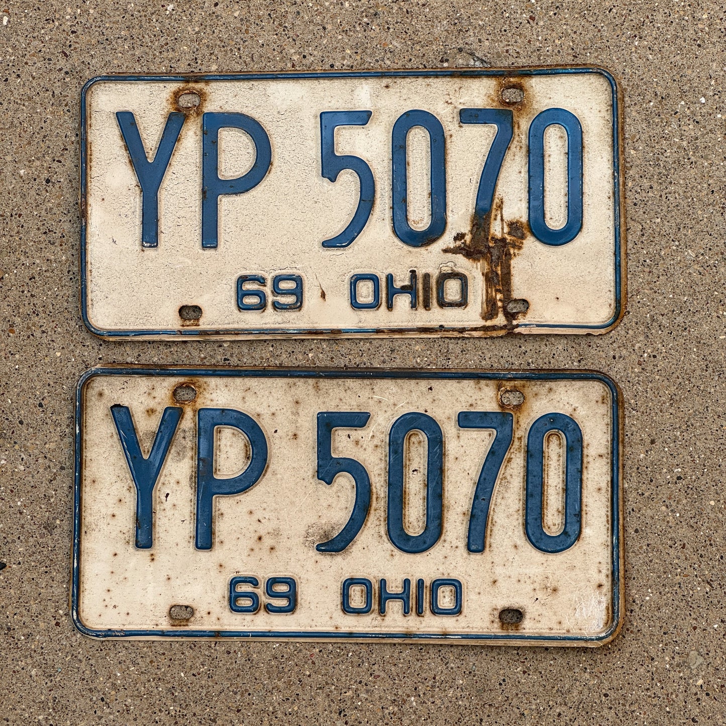 Photo of a 1969 Ohio License Plate Pair Auto Tag Garage Decor Vintage YP 5070 with original patina