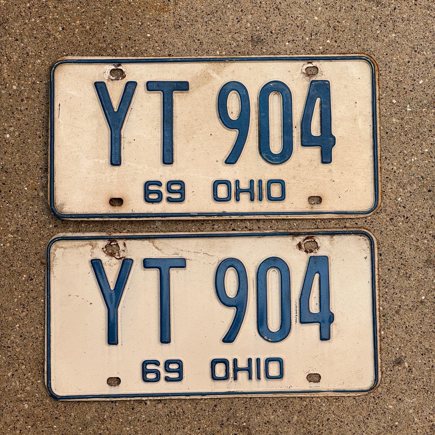 Photo of a 1969 Ohio License Plate Pair Auto Tag Garage Decor Vintage YT 904 with original patina
