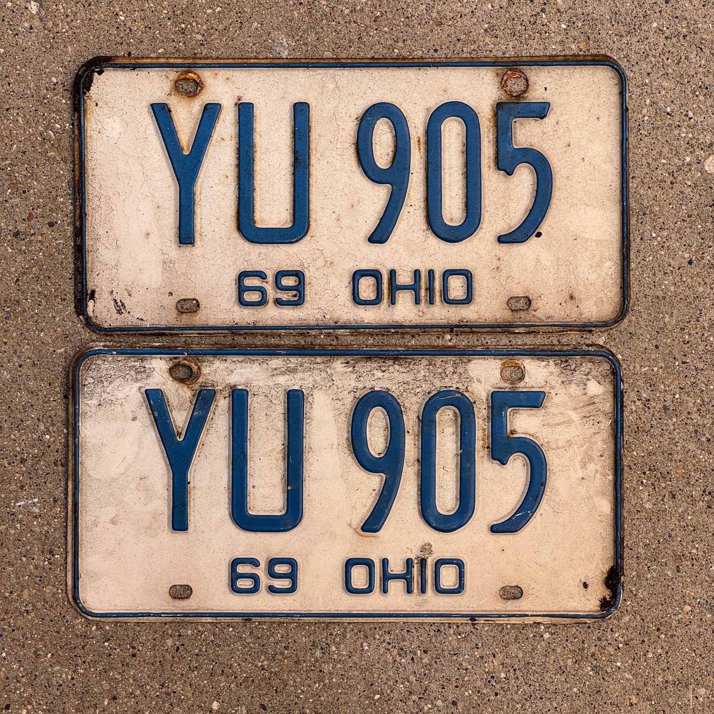 Photo of a 1969 Ohio License Plate Pair Auto Tag Garage Decor Vintage YU 905 with original patina