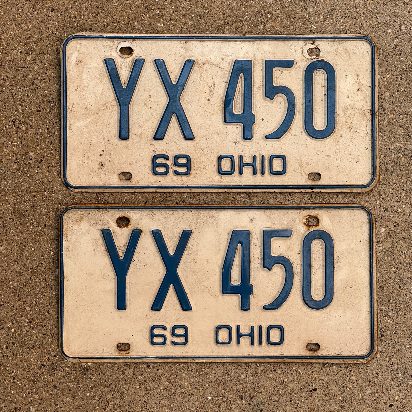 Photo of a 1969 Ohio License Plate Pair Auto Tag Garage Decor Vintage YX 450 with original patina