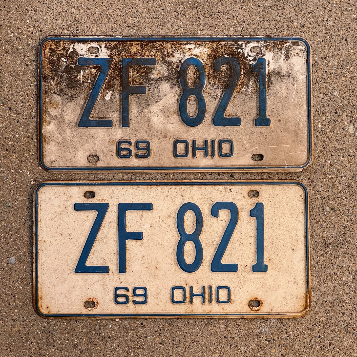 Photo of a 1969 Ohio License Plate Pair Auto Tag Garage Decor Vintage ZF 821 with original patina