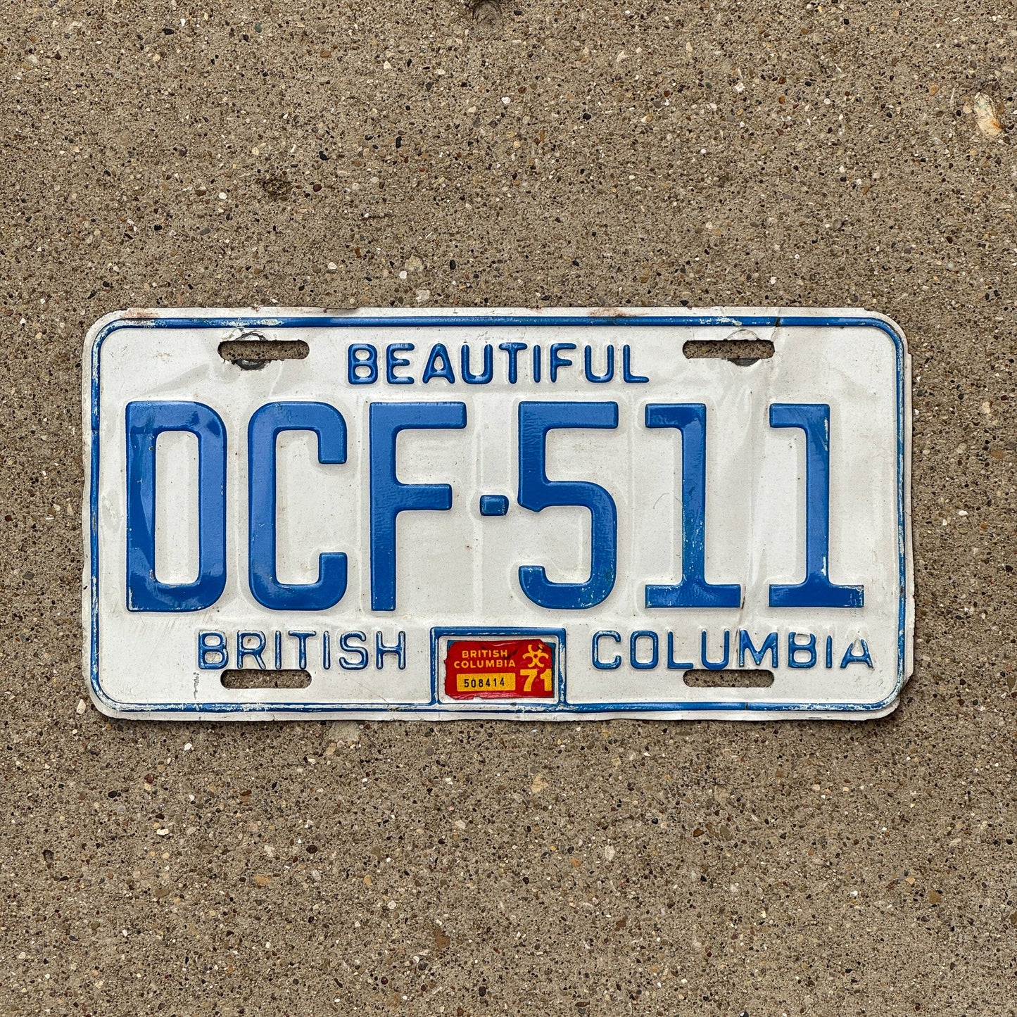 Photo of a 1970 1971 British Columbia License Plate Auto Tag Garage Decor Vintage DCF 511