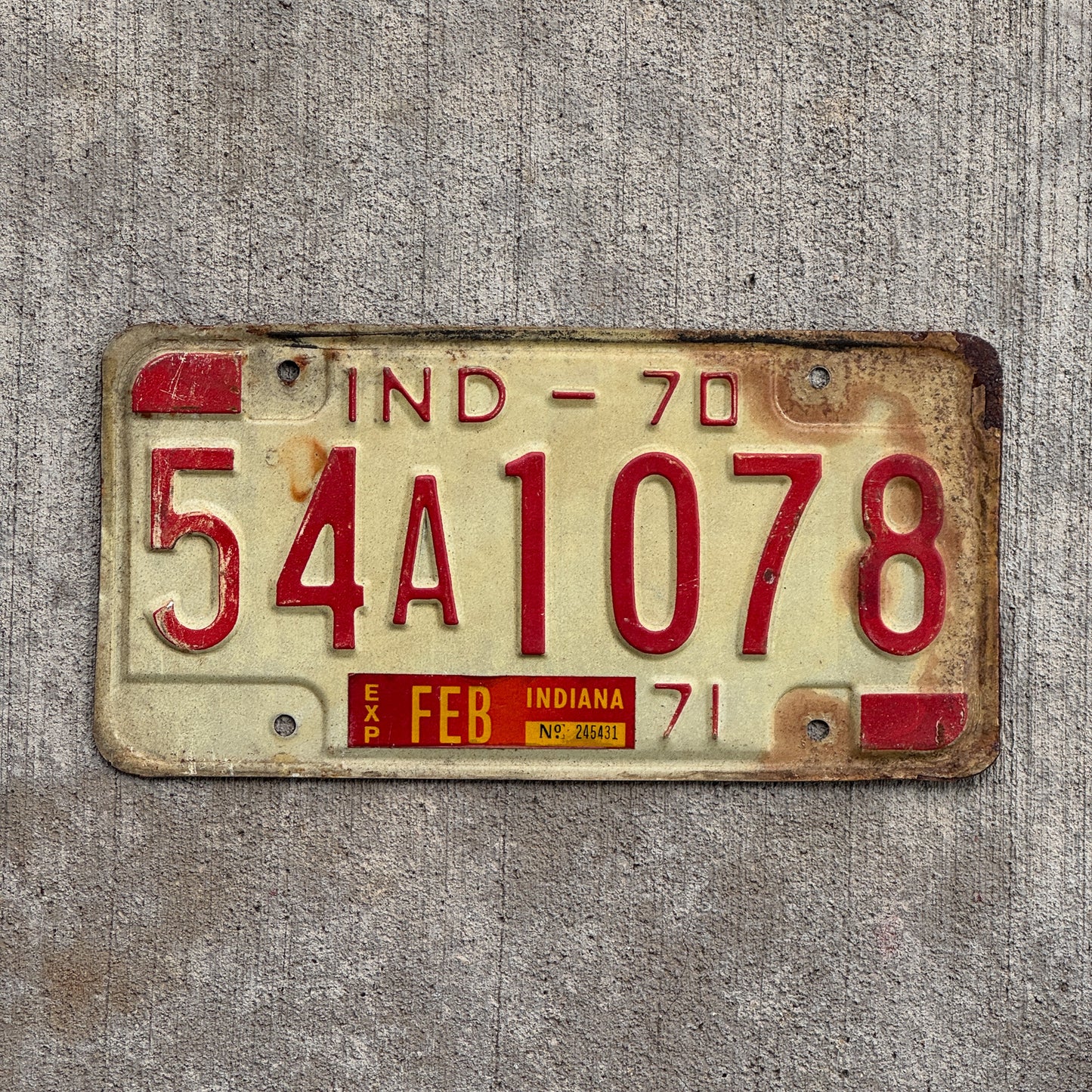Photo of a 1970 1971 Indiana License Plate Auto Tag Garage Decor Vintage 54 A 1078 with original patina