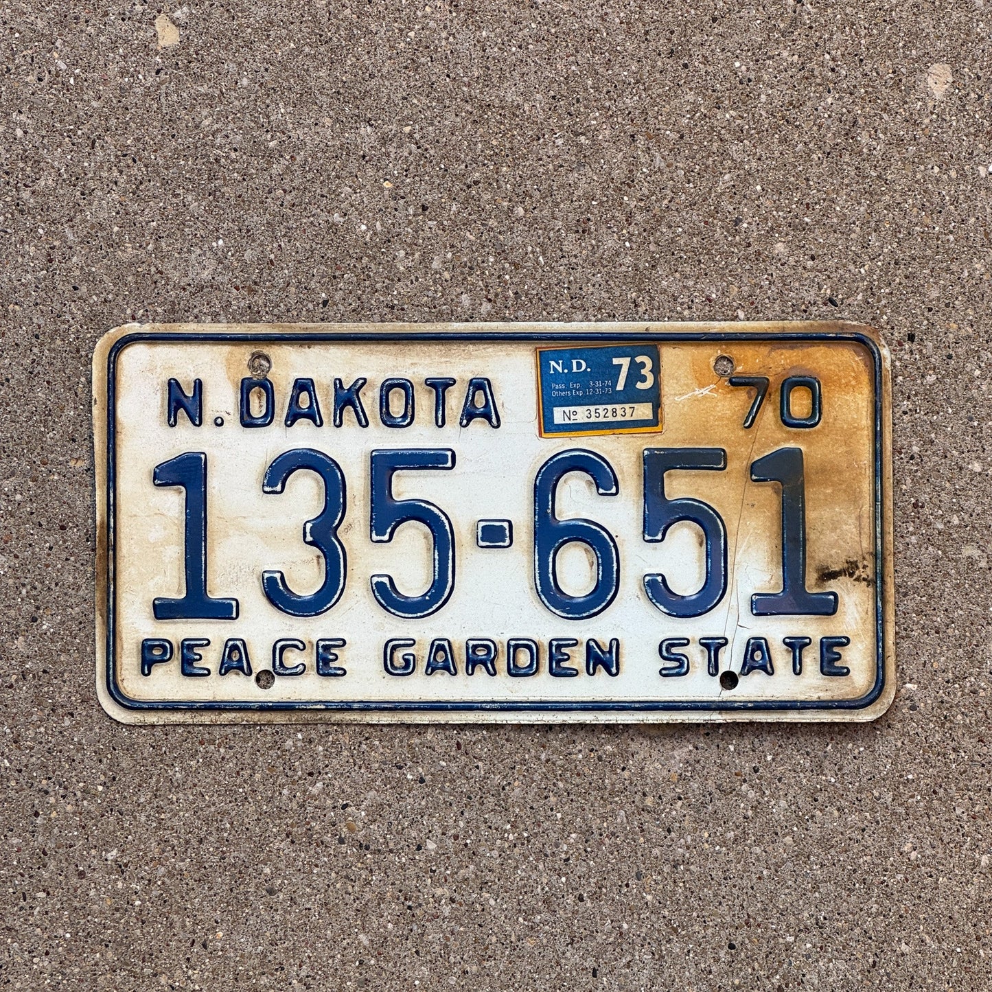 Photo of a 1970 1973 North Dakota License Plate Auto Tag 2 Garage Decor 135 651 with original patina