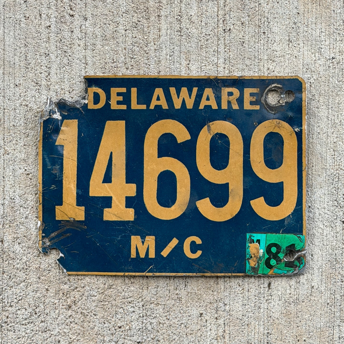 Photo of a 1970 1981 Delaware Motorcycle License Plate Auto Tag Garage Decor Vintage 14699 with original patina