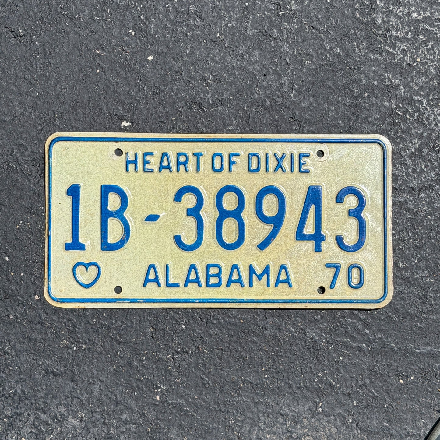 Photo of a 1970 Alabama License Plate Auto Tag Garage Decor Vintage 1B 38943 with original patina
