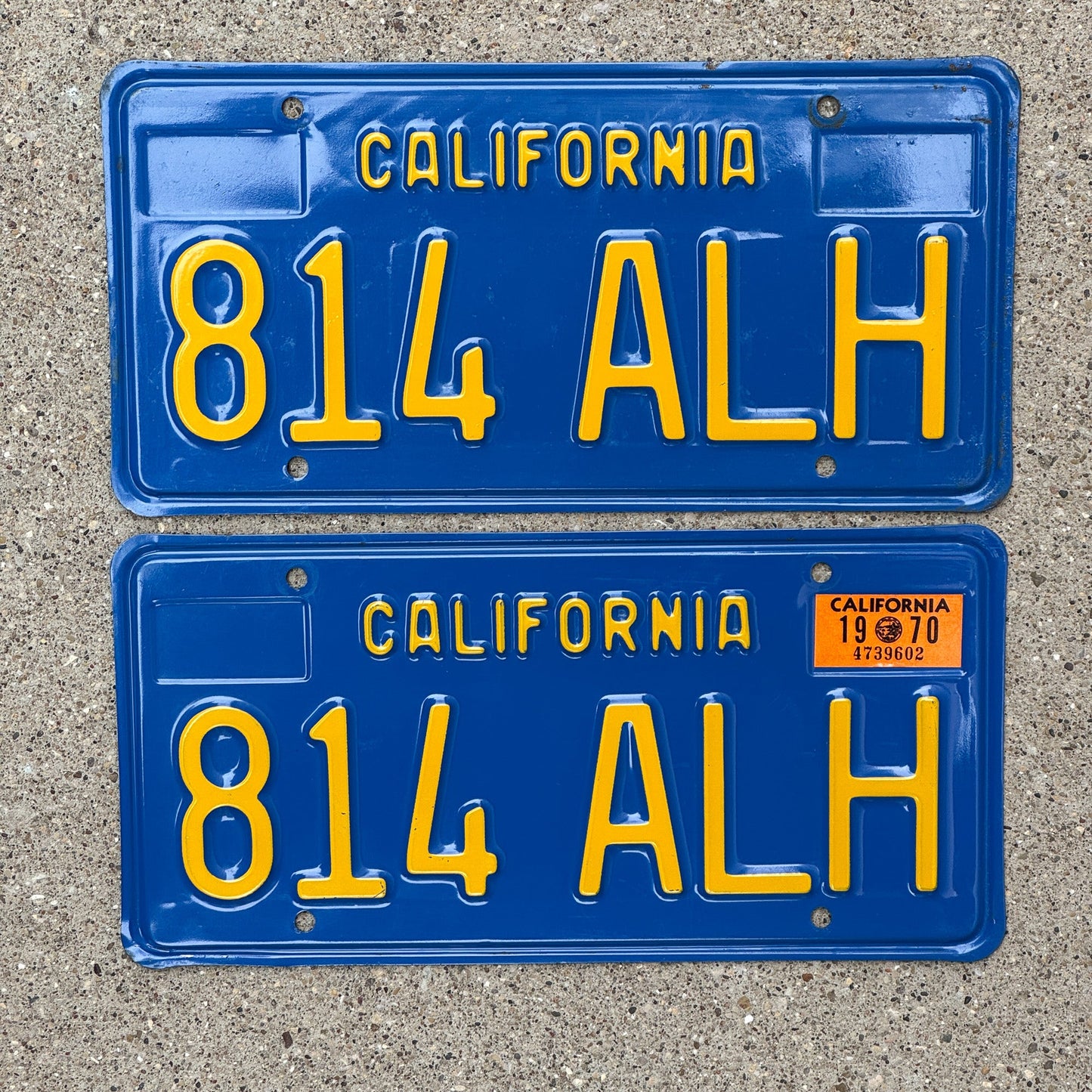 Photo of a 1970 California License Plate Pair Auto Tag Garage Decor Vintage High Quality 814 ALH with original patina