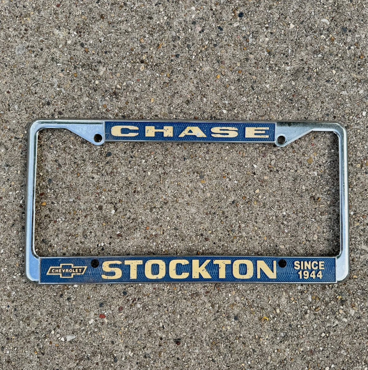 1970 Era Stockton California License Plate Frame Auto Tag Chase Chevy Chevrolet
