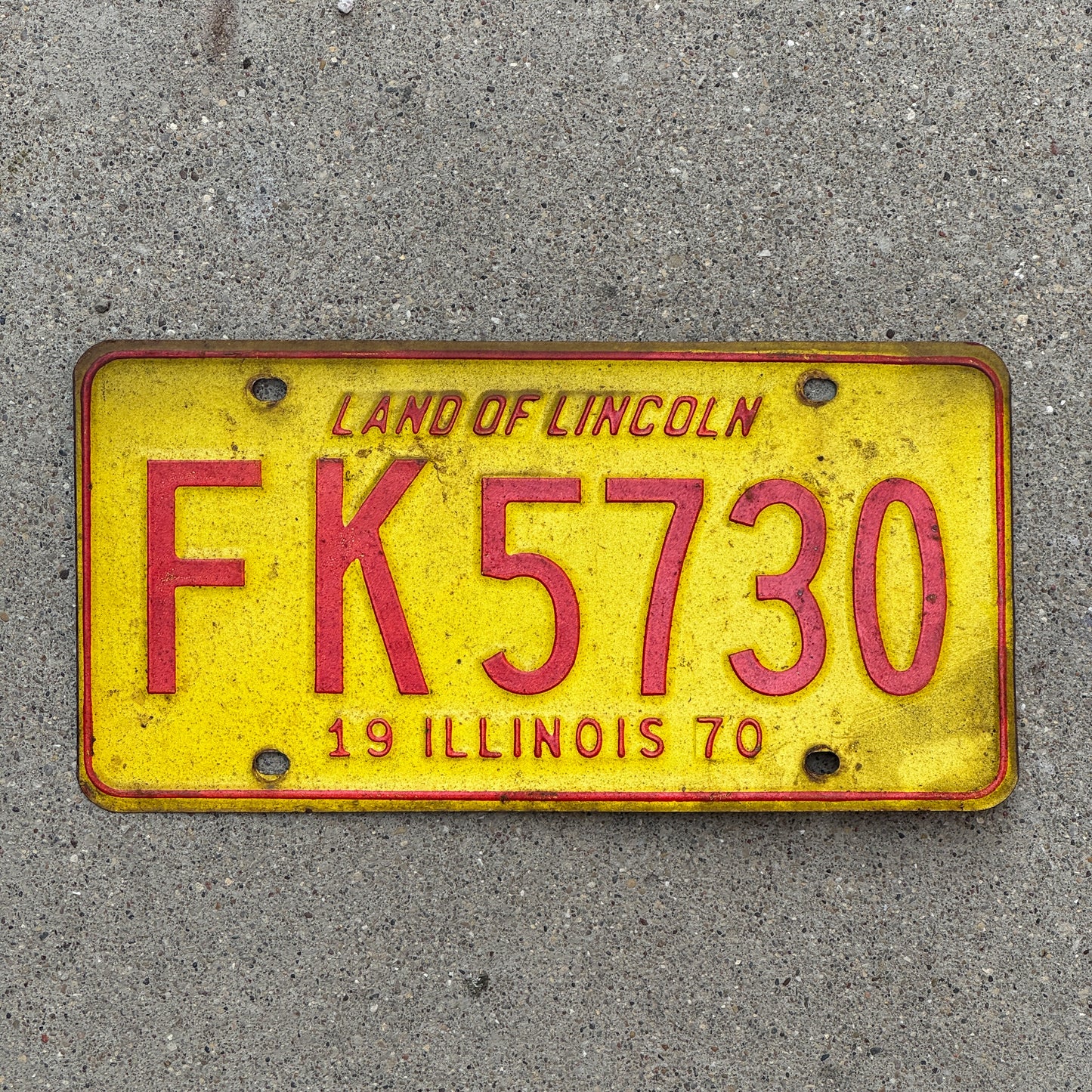 Photo of a 1970 Illinois License Plate Auto Tag 1 Vintage Garage FK 5730 with original patina
