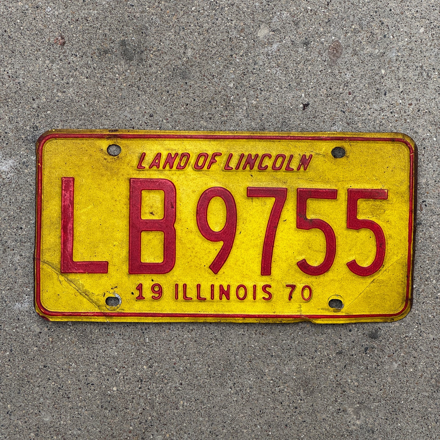 Photo of a 1970 Illinois License Plate Auto Tag 1 Vintage Garage LB 9755 with original patina