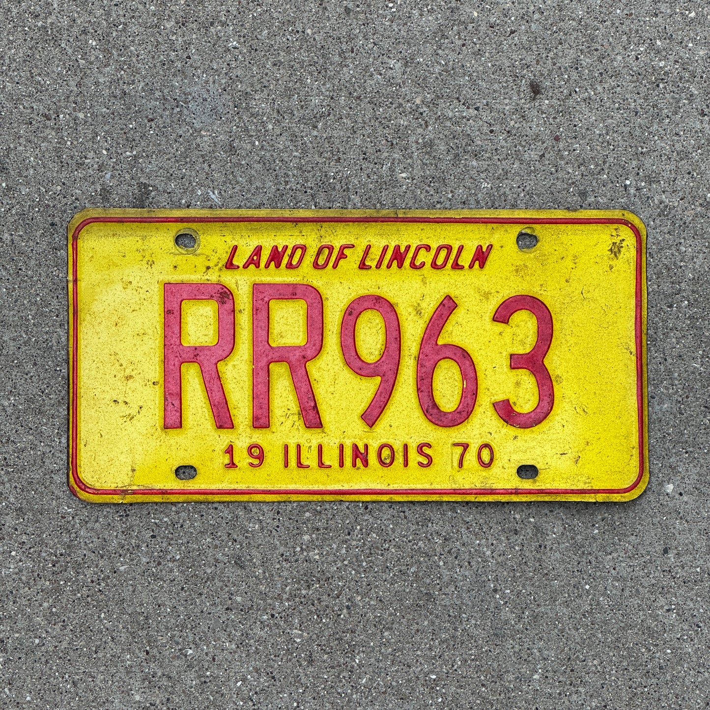 Photo of a 1970 Illinois License Plate Auto Tag 1 Vintage Garage RR 963 with original patina