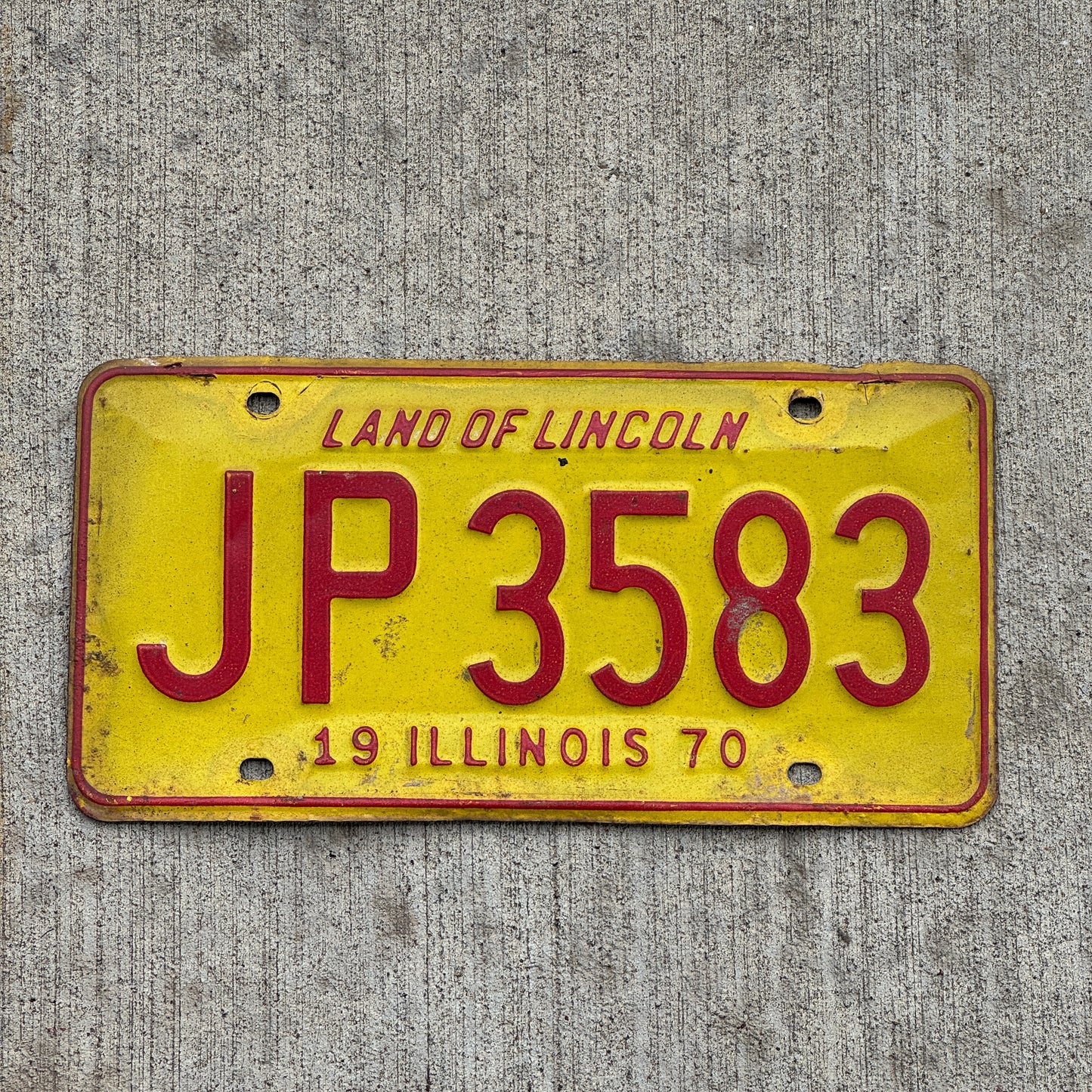 Photo of a 1970 Illinois License Plate Auto Tag 2 Vintage Garage JP 3583 with original patina