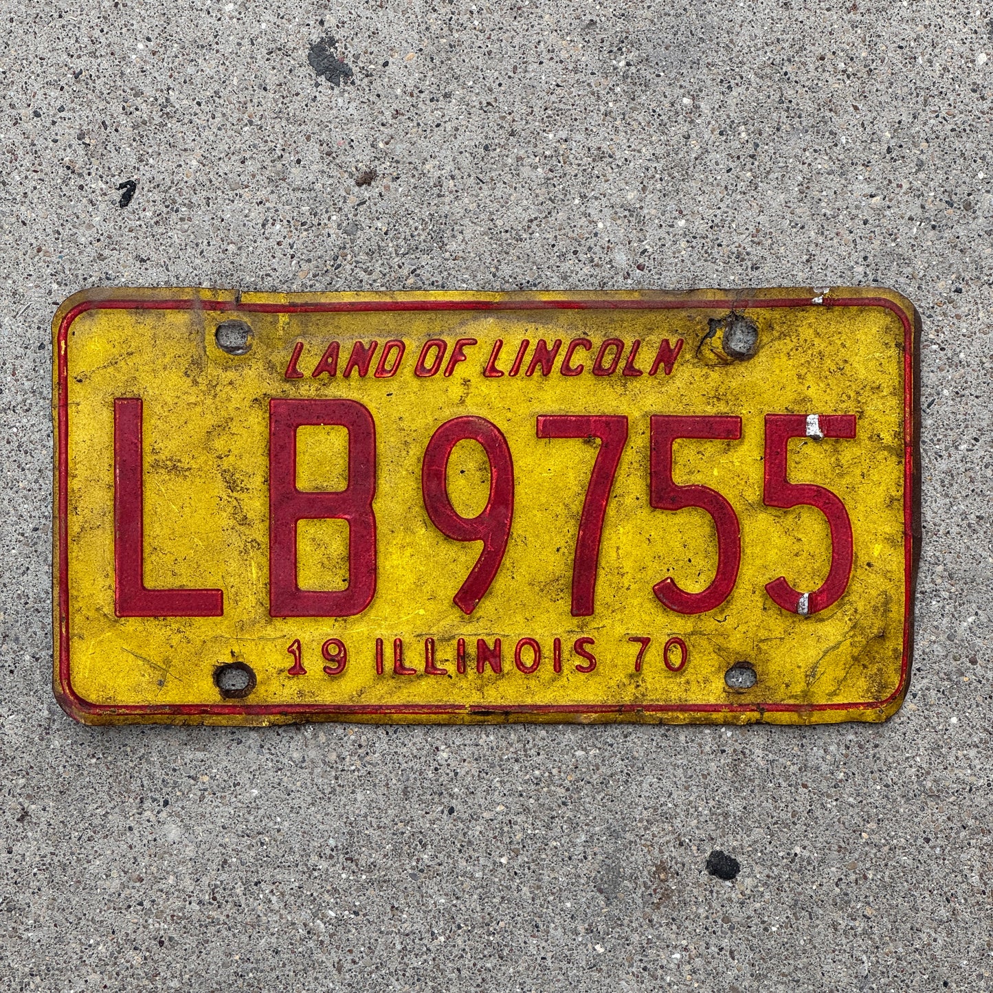 Photo of a 1970 Illinois License Plate Auto Tag 2 Vintage Garage LB 9755 with original patina