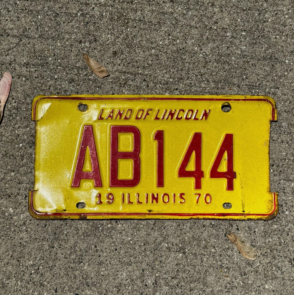 Photo of a 1970 Illinois License Plate Auto Tag Garage Decor Vintage Initials Name AB 144