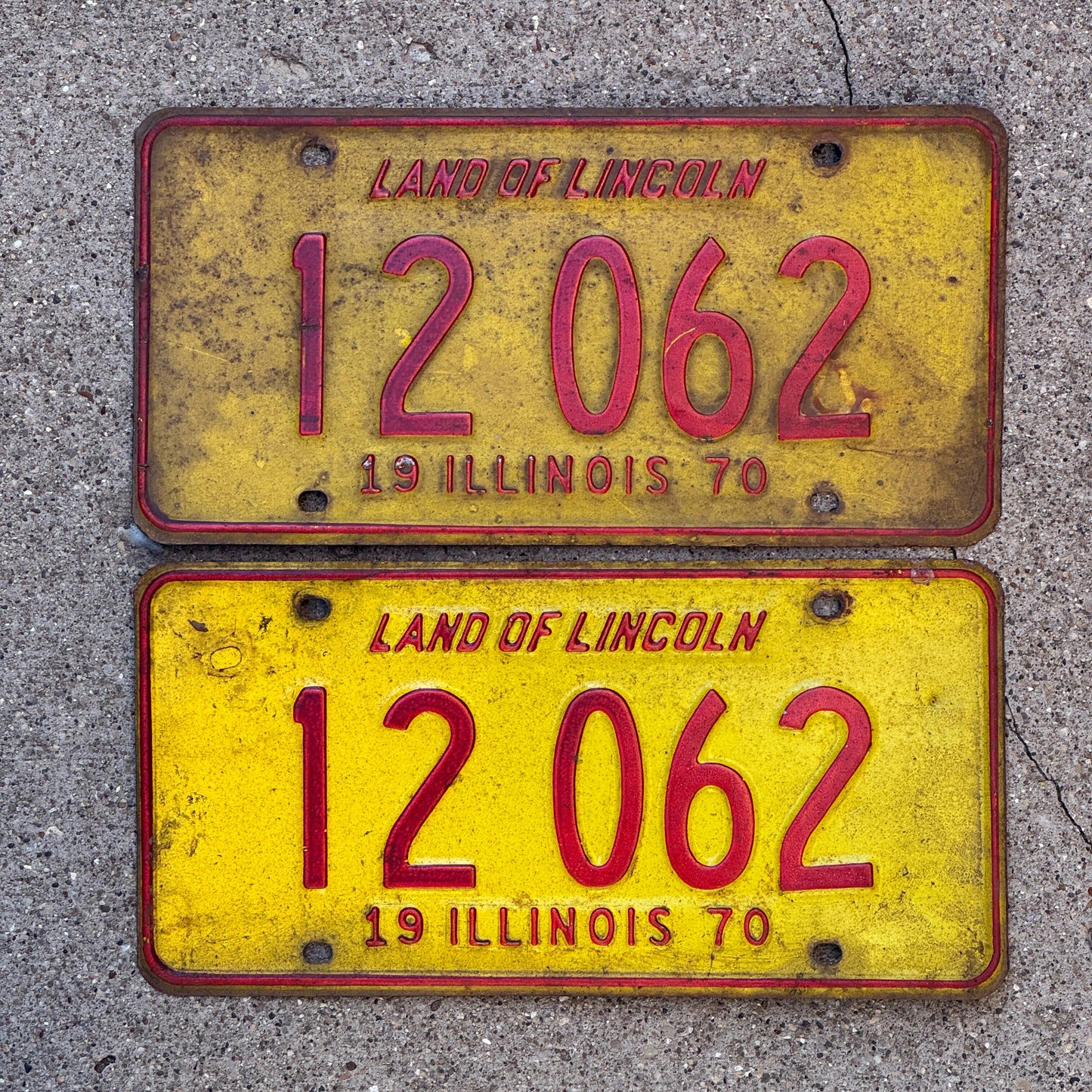 Photo of a 1970 Illinois License Plate Pair Auto Tag Garage Decor Vintage 12 062 with original patina