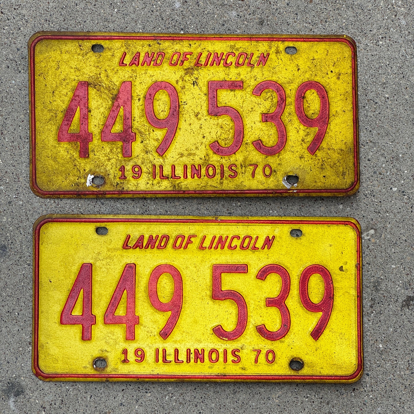 Photo of a 1970 Illinois License Plate Pair Auto Tag Garage Decor Vintage 449 539 with original patina