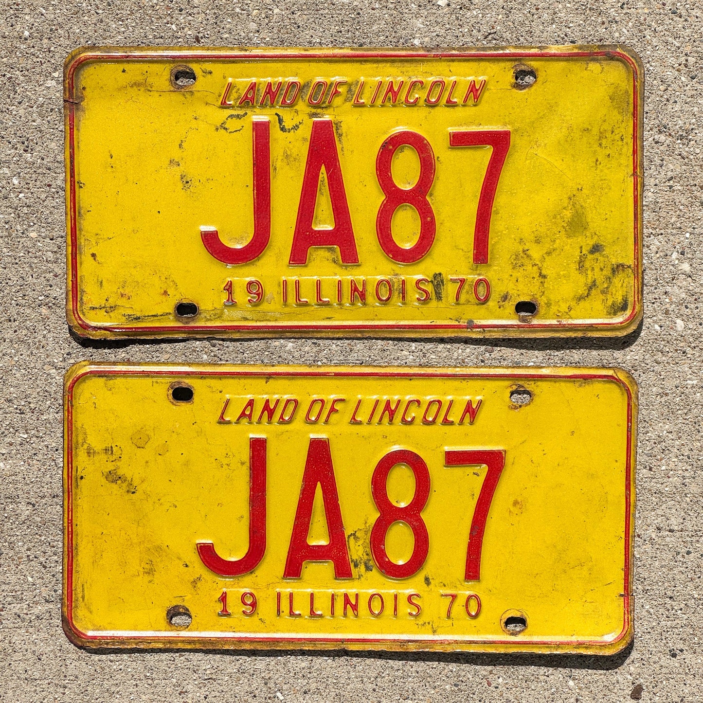 Photo of a 1970 Illinois License Plate Pair Auto Tag Garage Decor Vintage JA 87