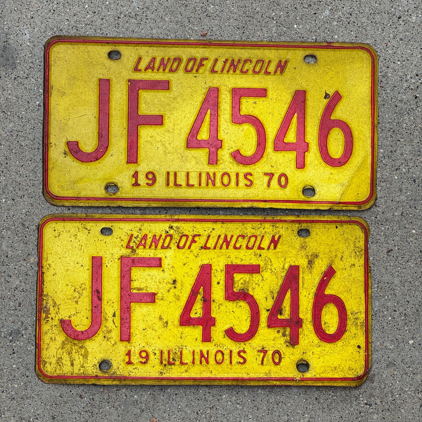 Photo of a 1970 Illinois License Plate Pair Auto Tag Garage Decor Vintage JF 4546 with original patina