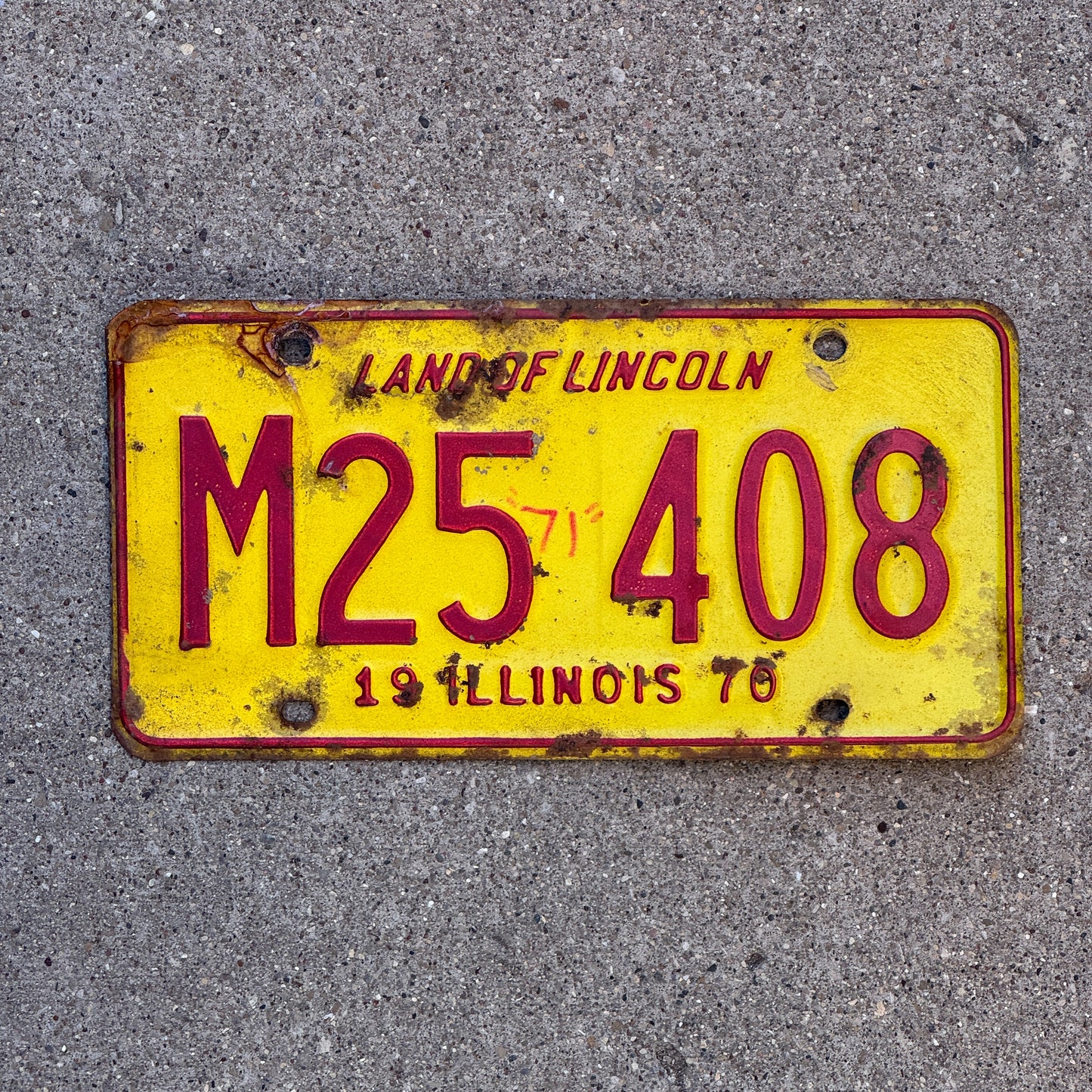 Photo of a 1970 Illinois Municipal License Plate Auto Tag 2 Vintage Garage M 25 408 with original patina