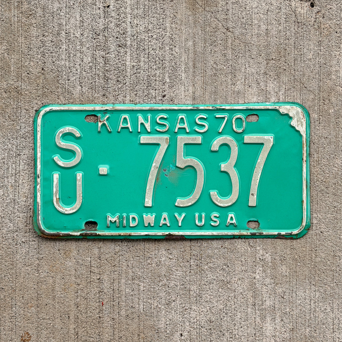 Photo of a 1970 Kansas License Plate Auto Tag Garage Decor Vintage SU 7537 with original patina