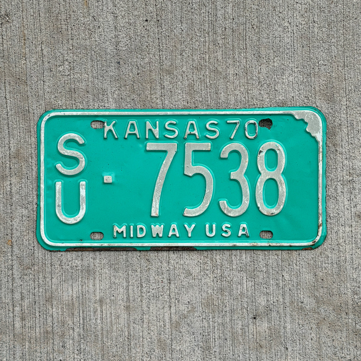 Photo of a 1970 Kansas License Plate Auto Tag Garage Decor Vintage SU 7538 with original patina