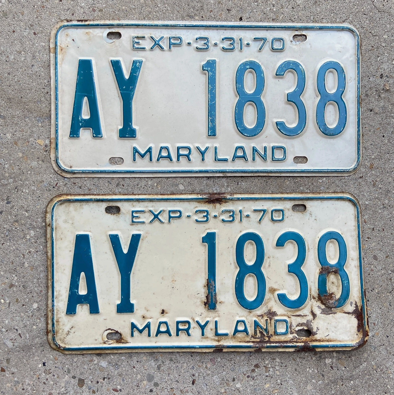 Photo of a 1970 Maryland License Plate Pair Auto Tag Garage Decor Vintage AY 1838 with original patina