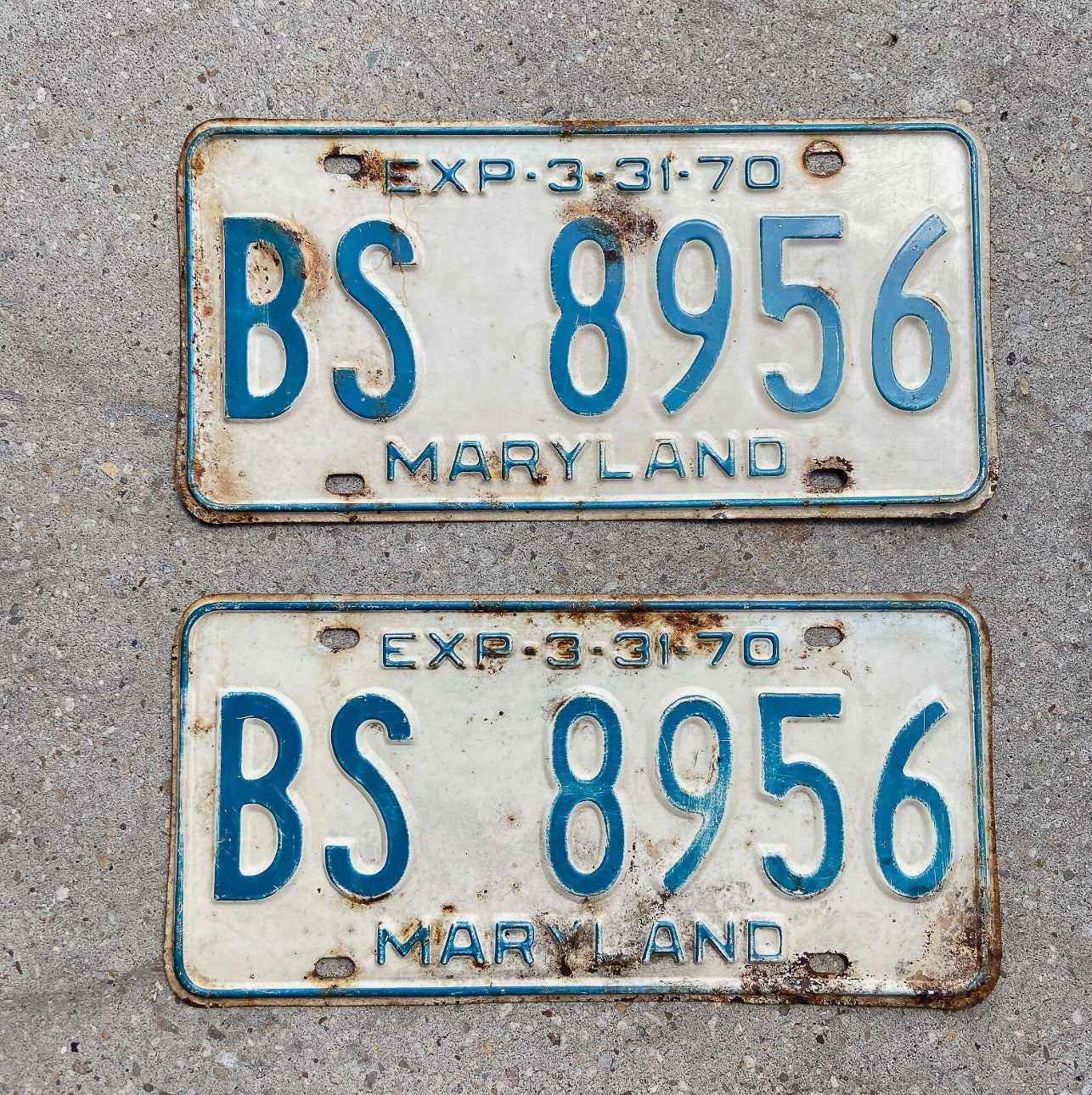 Photo of a 1970 Maryland License Plate Pair Auto Tag Garage Decor Vintage BS 8956 with original patina