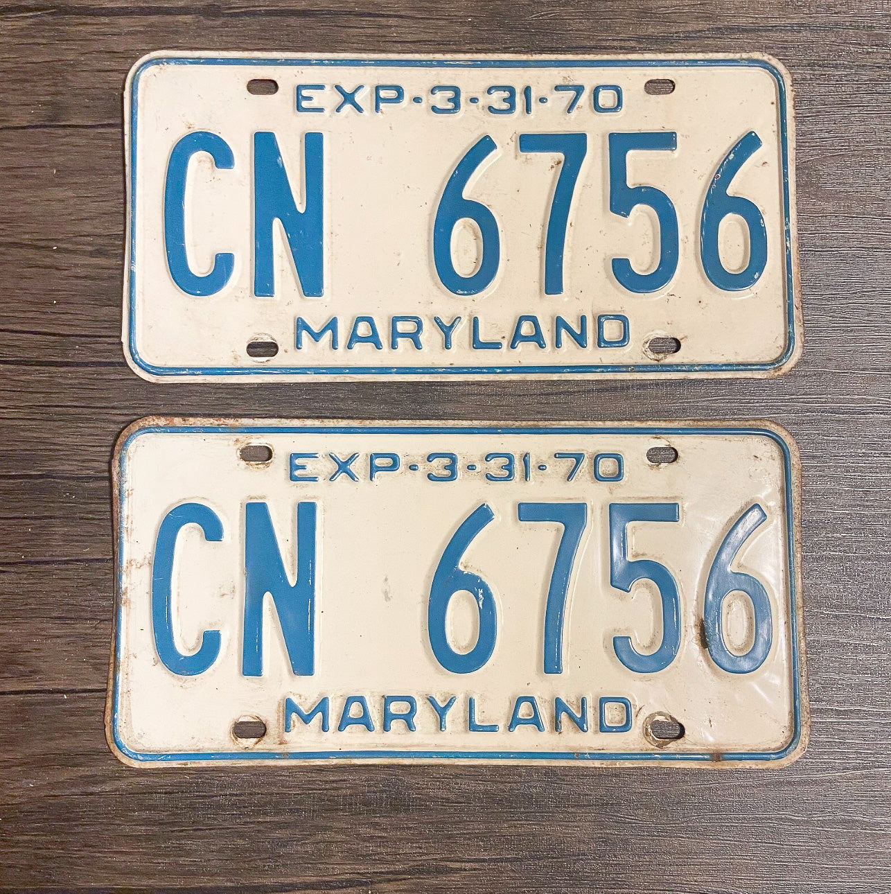 Photo of a 1970 Maryland License Plate Pair Auto Tag Garage Decor Vintage CN 6756 with original patina