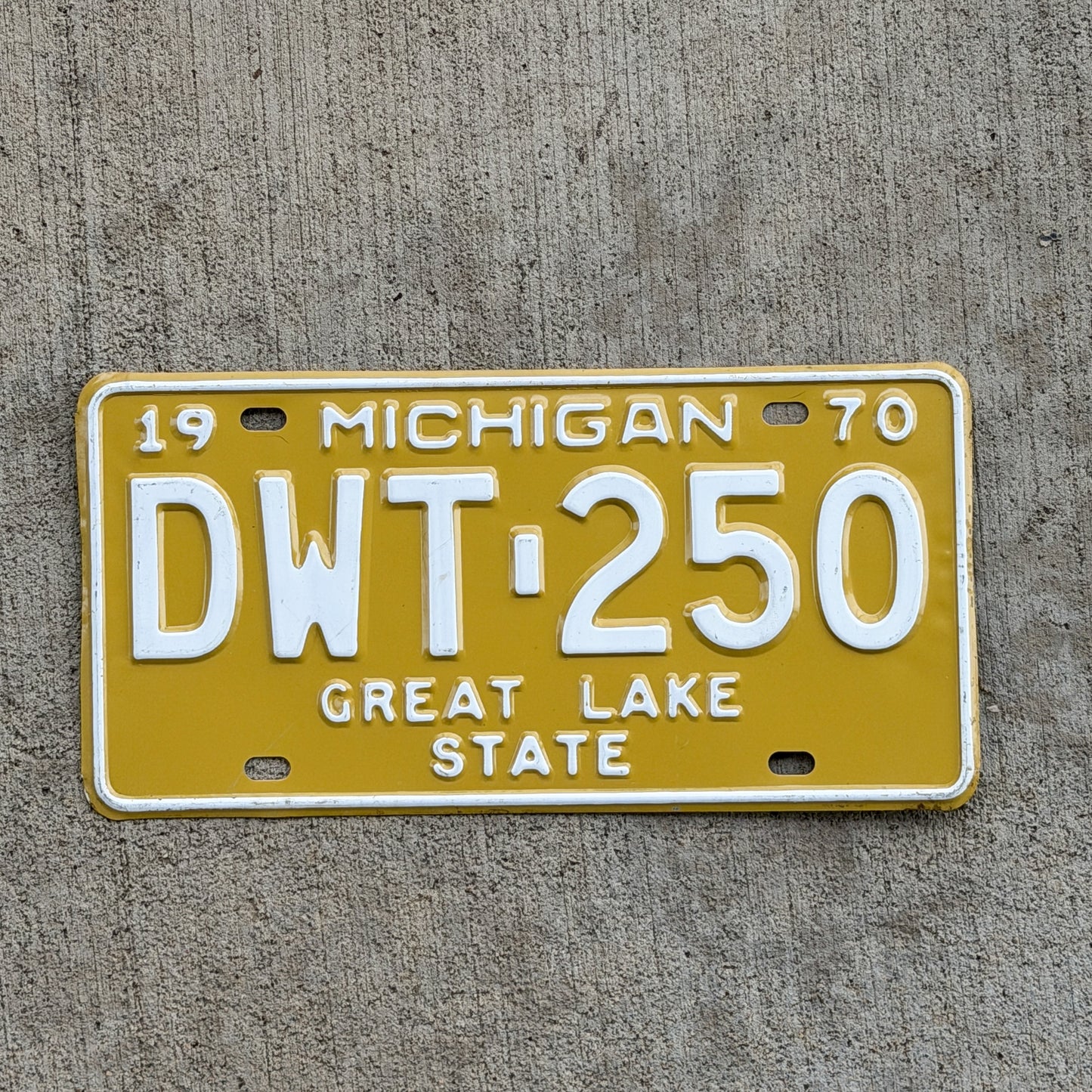 Photo of a 1970 Michigan License Plate Auto Tag Garage Decor Vintage DWT 250 with original patina