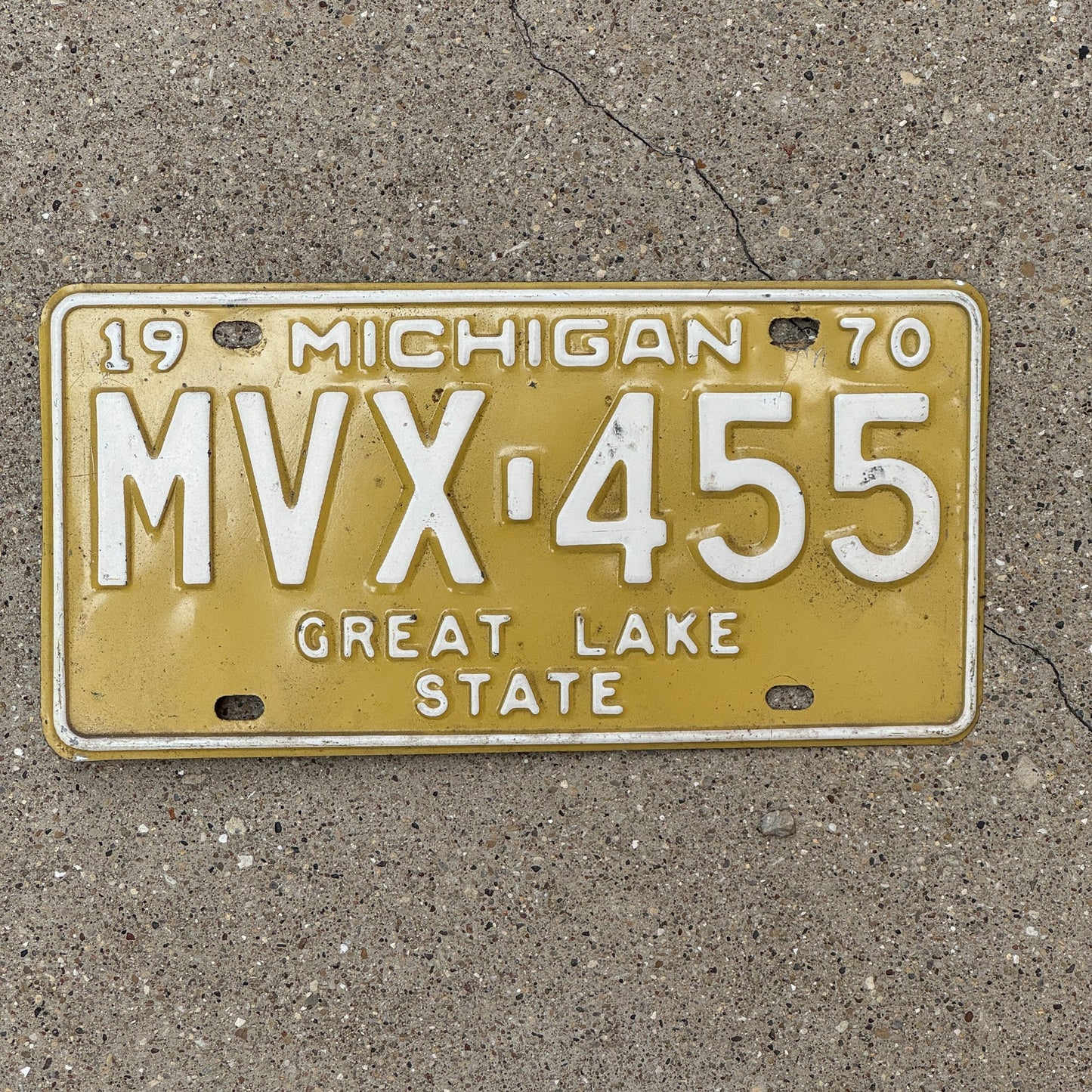 Photo of a 1970 Michigan License Plate Auto Tag Garage Decor Vintage MVX 455