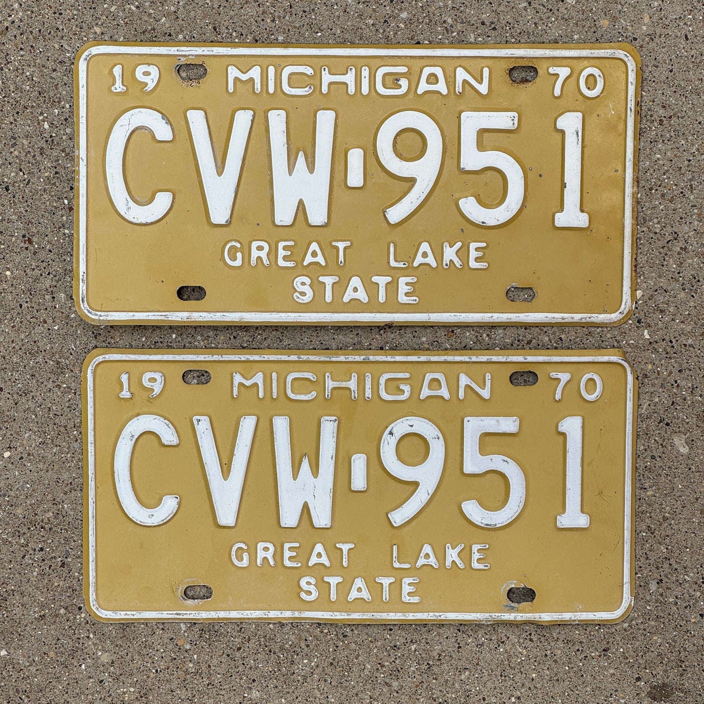 Photo of a 1970 Michigan License Plate Pair Auto Tag Garage Decor Vintage CVW 951