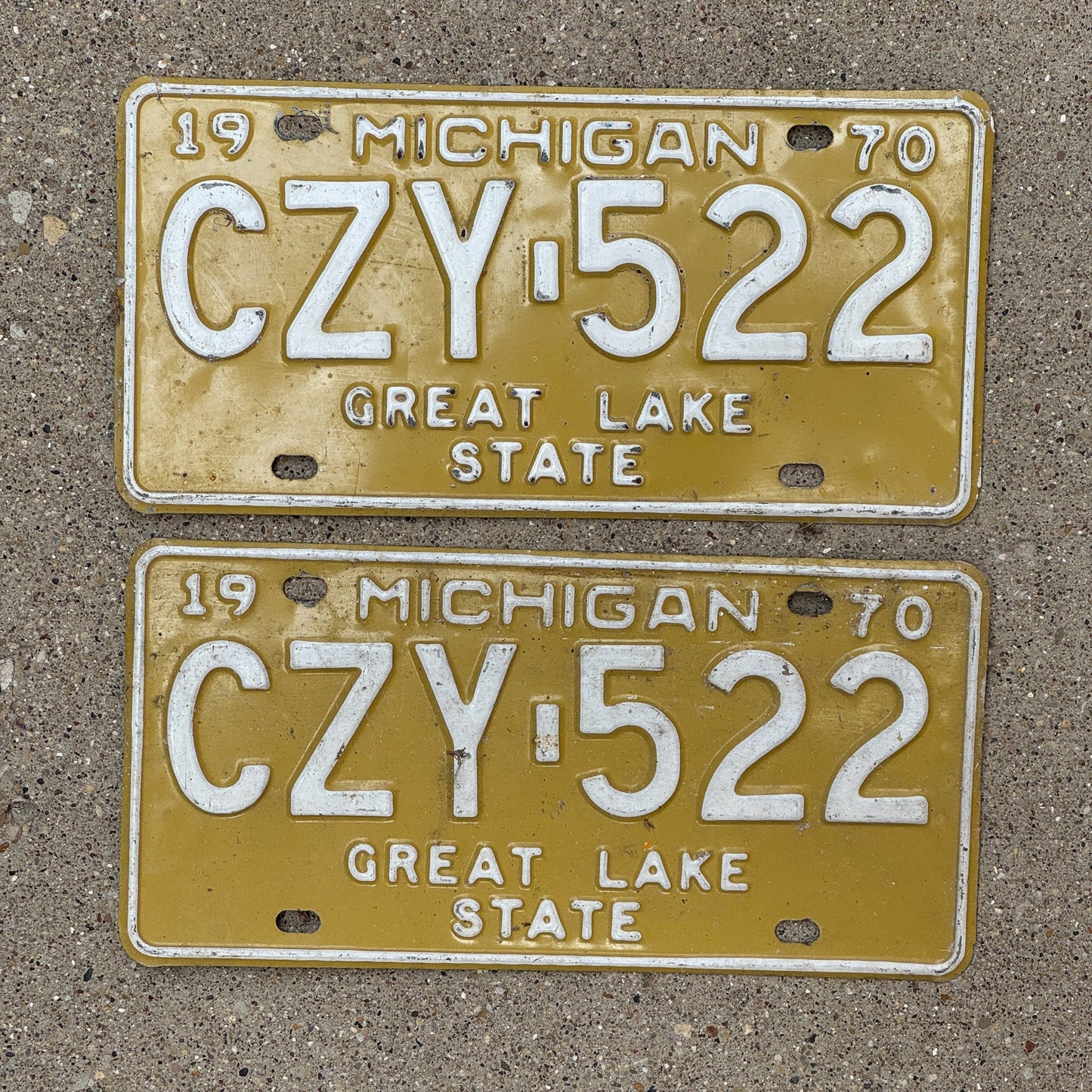 Photo of a 1970 Michigan License Plate Pair Auto Tag Garage Decor Vintage CZY 522