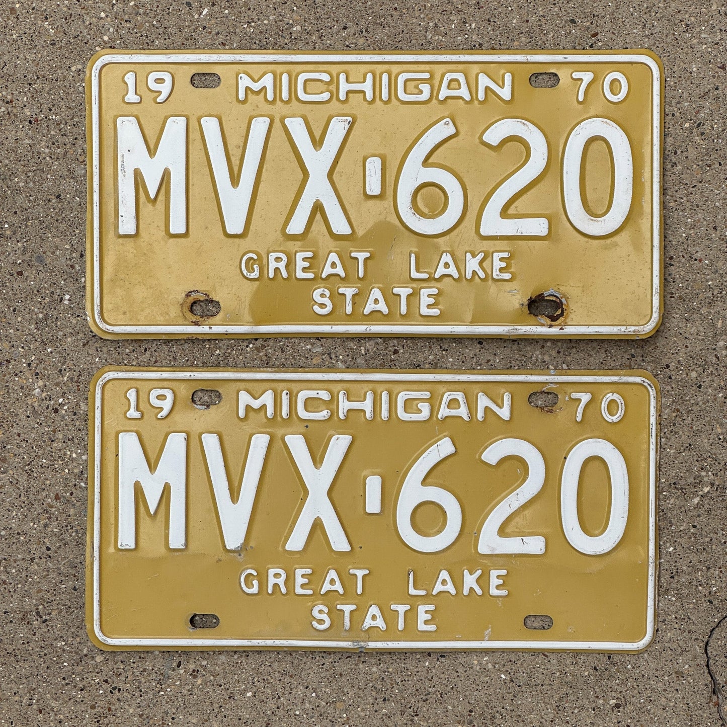 Photo of a 1970 Michigan License Plate Pair Auto Tag Garage Decor Vintage MVX 620