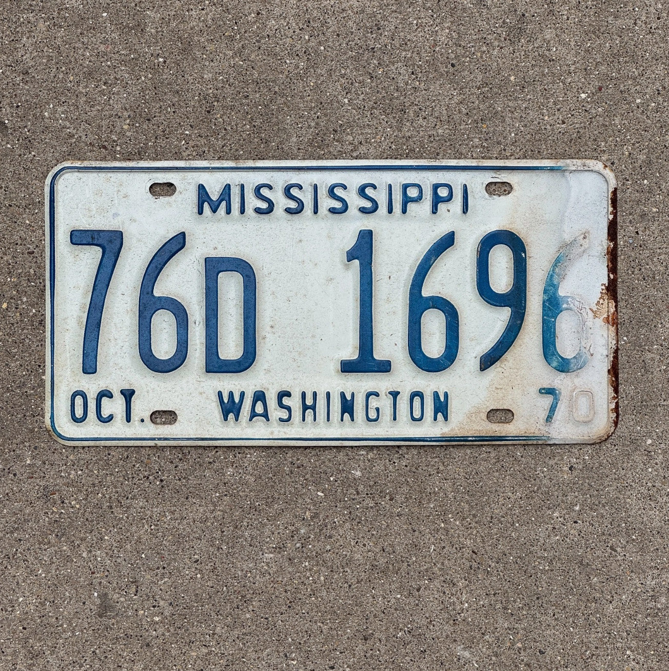 Photo of a 1970 Mississippi License Plate Auto Tag Garage Decor Vintage 76D 1696
