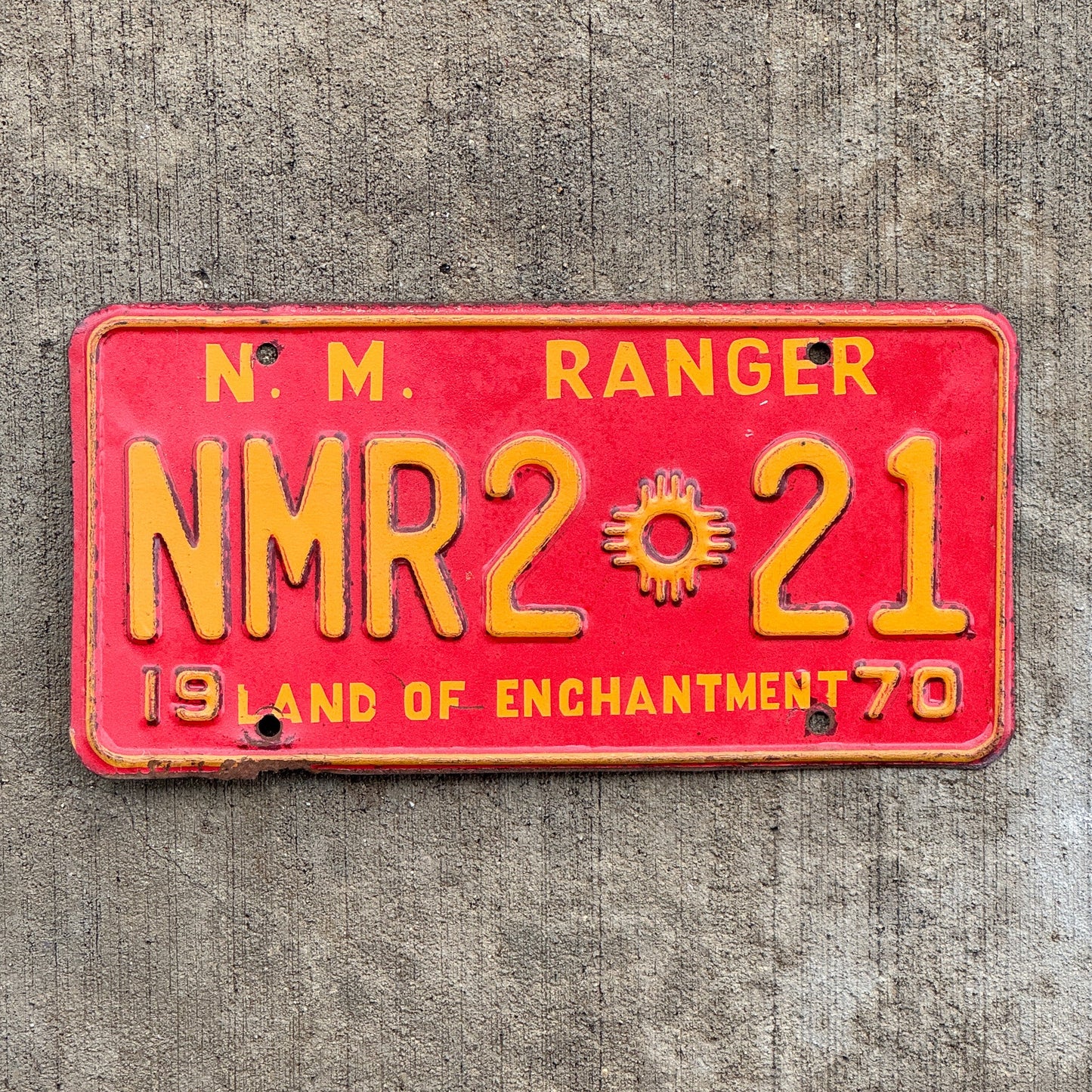 Photo of a 1970 New Mexico Ranger License Plate Auto Tag Garage Decor Vintage ALPCA Archive Example Police Cop NMR 221 with original patina