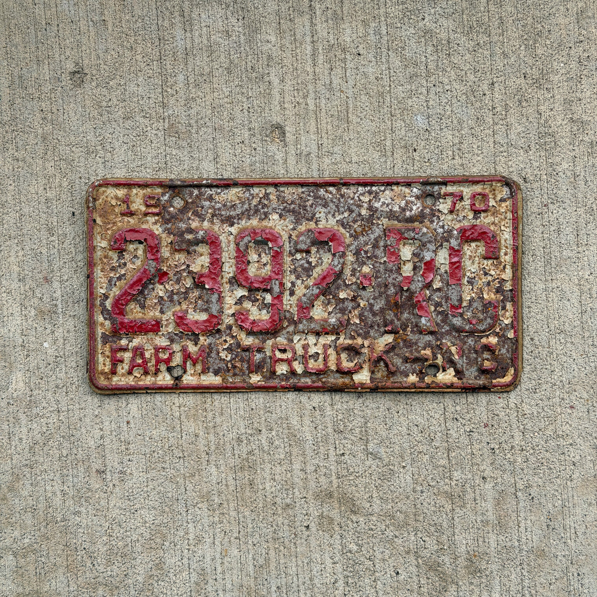 Photo of a 1970 North Carolina Farm Truck License Plate Auto Tag Garage Decor Vintage 2392 RC with original patina