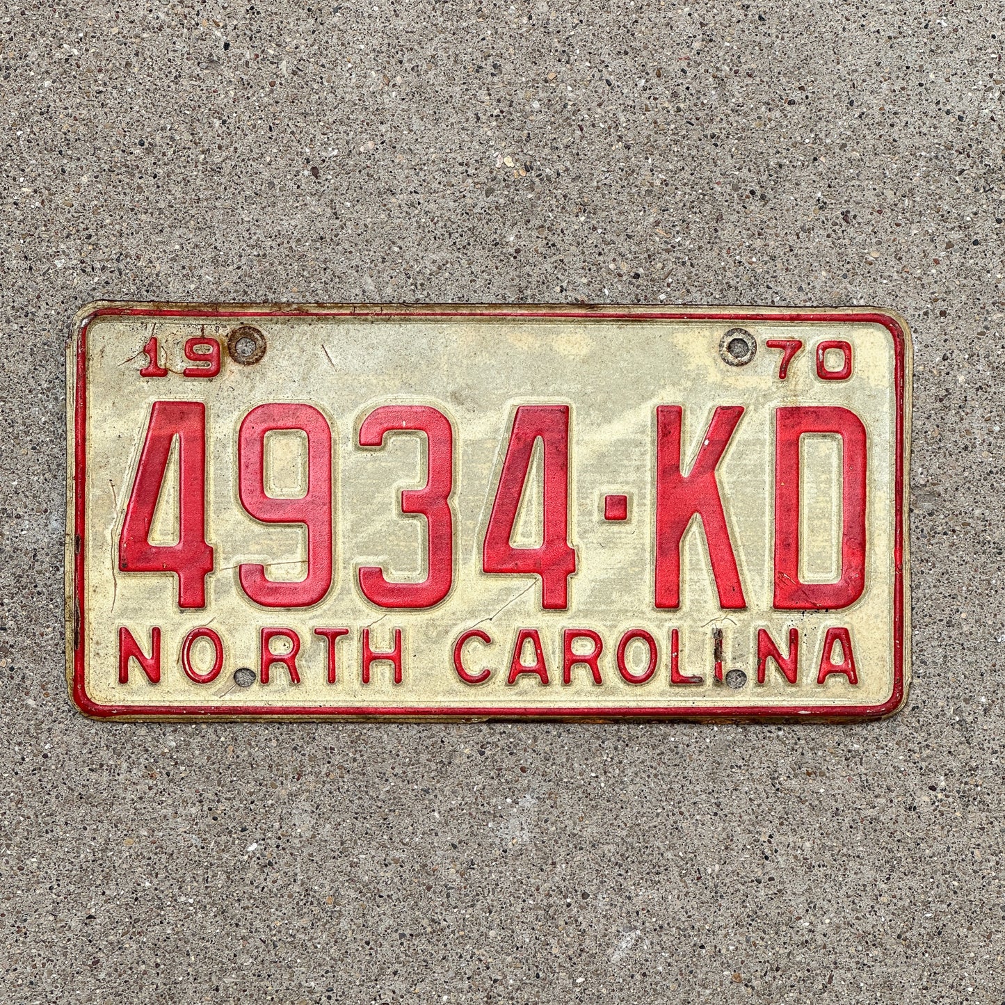 Photo of a 1970 North Carolina Trailer License Plate Auto Tag Garage Decor Vintage 4934 KD with original patina