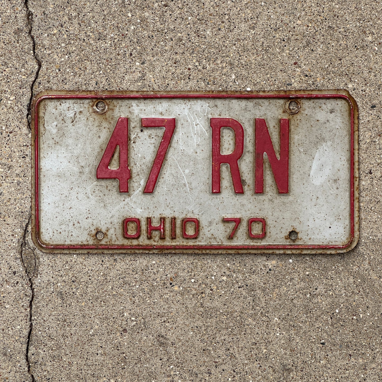 Photo of a 1970 Ohio License Plate Auto Tag Garage Decor Vintage Nurse Gift 47 RN with original patina