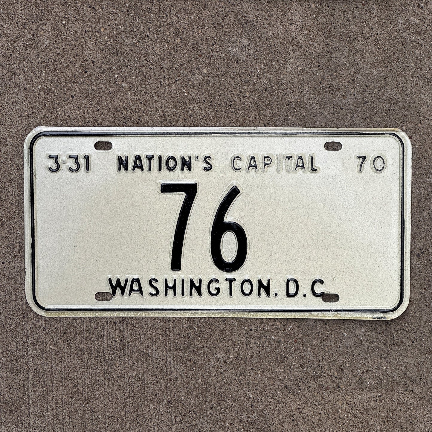 Photo of a 1970 Washington DC License Plate Auto Tag 1 Garage Decor Low Number Two Digit 76 with original patina