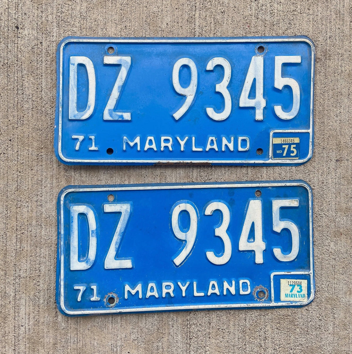 1971 1973 Maryland License Plate Pair Auto Tag DZ 9345