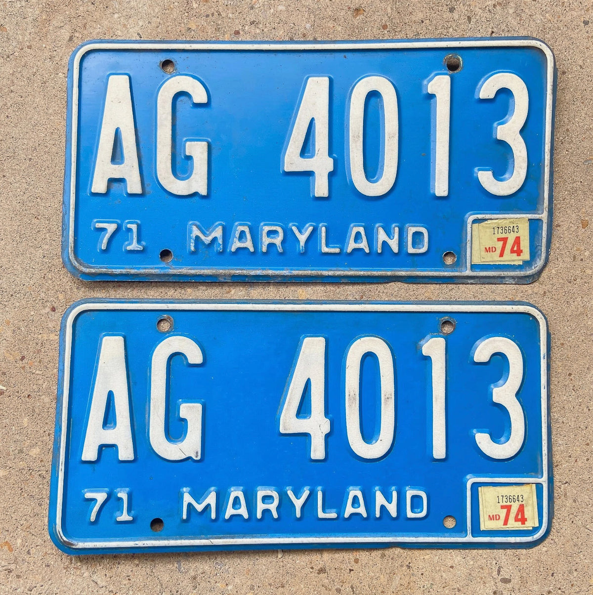 1971 1974 Maryland License Plate Pair Auto Tag AG 4013