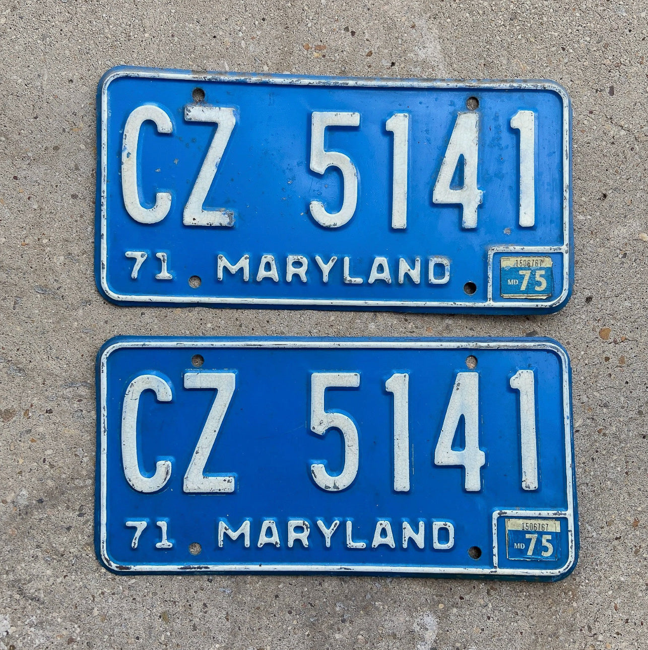 Photo of a 1971 1975 Maryland License Plate Pair Auto Tag Garage Decor Vintage CZ 5141 with original patina