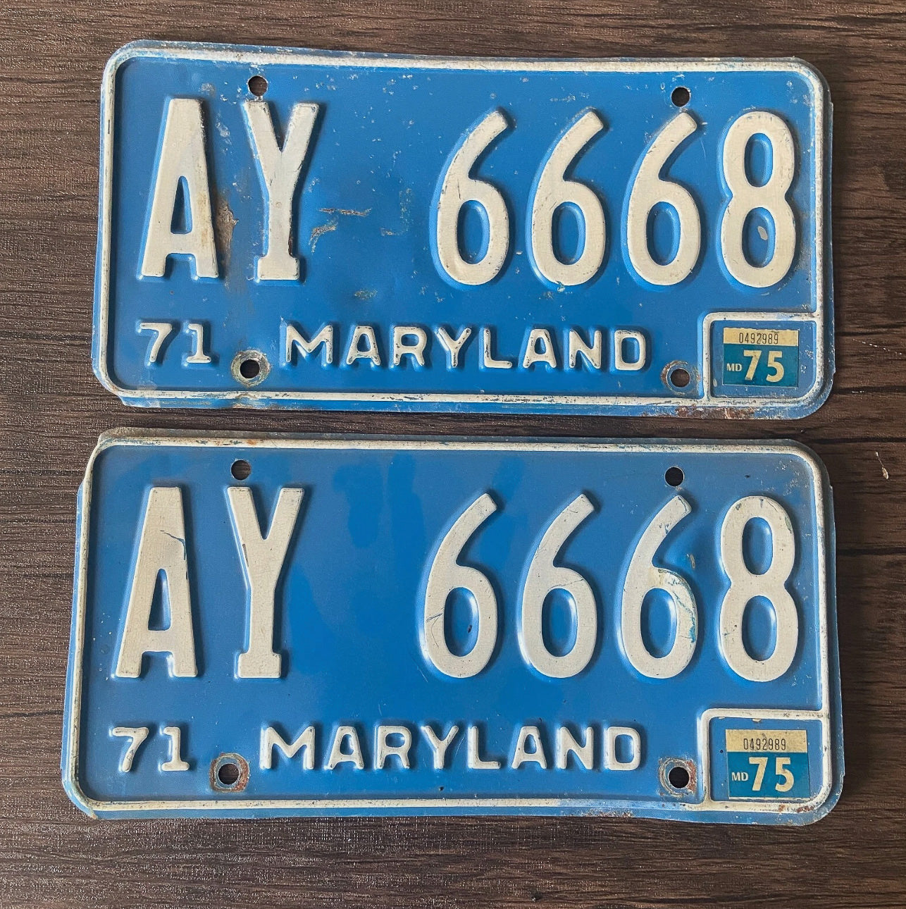 Photo of a 1971 1975 Maryland License Plate Pair Auto Tag Garage Decor Vintage Devil Evil Number 666 Repeat Repeating AY 6668 with original patina