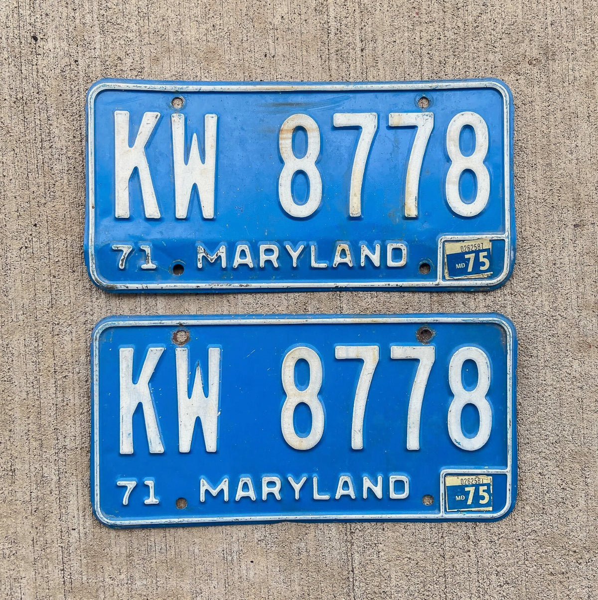 1971 1975 Maryland License Plate Pair Auto Tag KW 8778