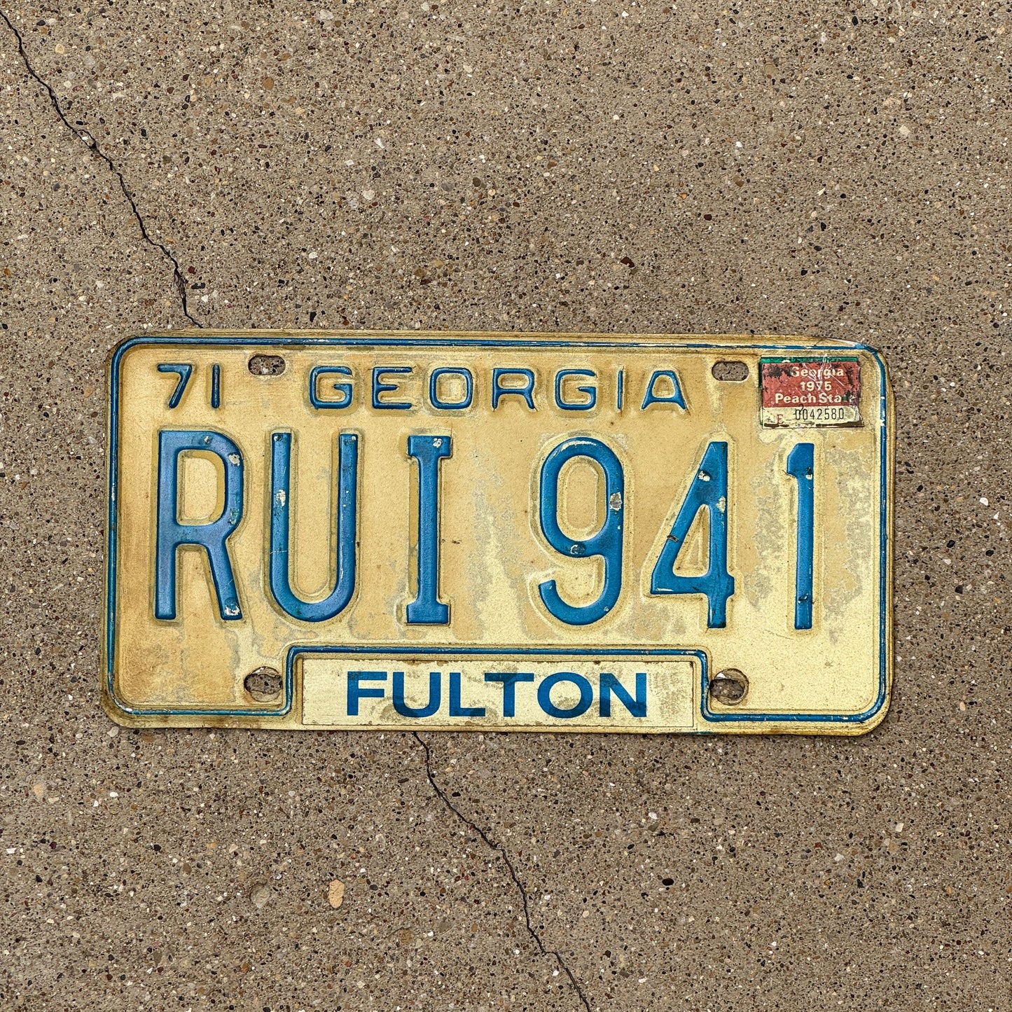 Photo of a 1971 Georgia License Plate Auto Tag Garage Decor Vintage Fulton County RUI 941